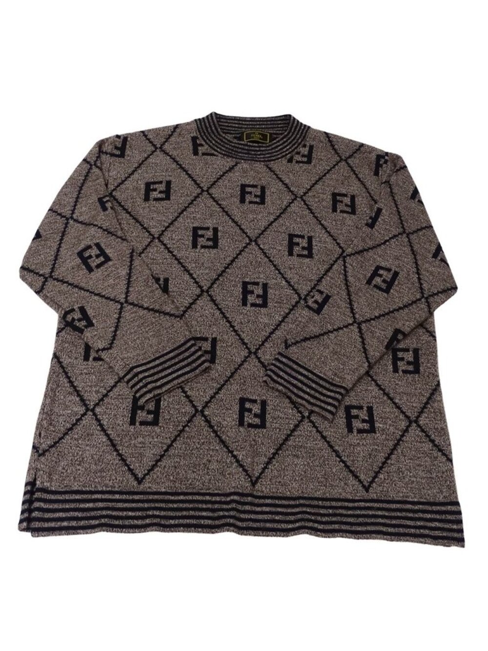 Fendi Top Acrylic Wool Sweater Long Sleeve FF Logo Brown Casual